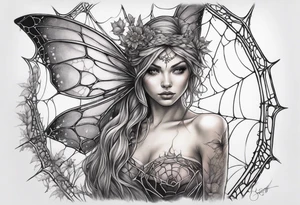 Fairy with bottom half of body wrapped up by spider web tattoo idea