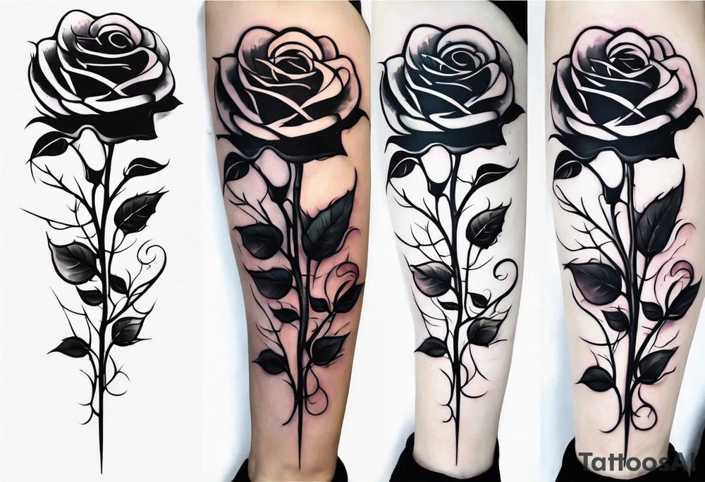 this is a long vertical tattoo for my whole shin. two roses with their stems intertwined, one rose should have thorns and only one main rose, the second rose should be thornless but have multiple flowers on it. I want a long stem to shower them intertwined tattoo idea