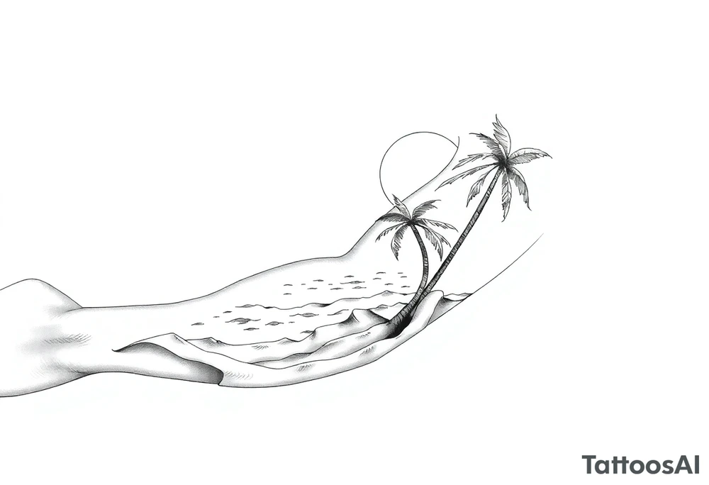 fine line, peaceful, serene, timeless, ocean, sand, palm tree, sun tattoo idea