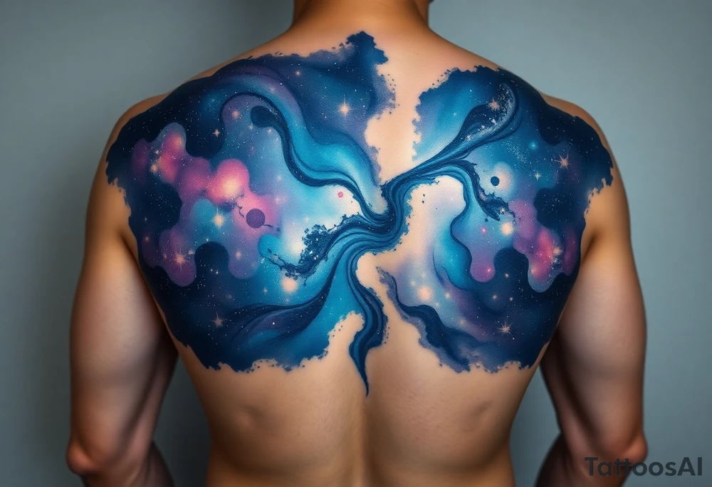 Beautiful and epic 3d milky way that appears to be what is beneath the skin. Make it drape over the shoulder and move to the middle back. use negative spaces to create stars and dust. Incorporate God breathing life into the universe. Keep it symmetrical tattoo idea