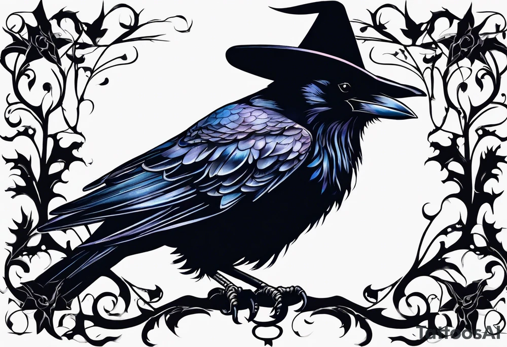 Silloutes of crow wearing witches hat tattoo idea