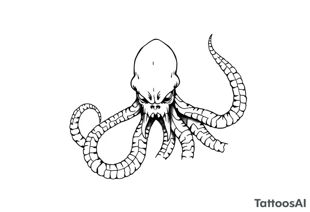 A minimalist blackwork tattoo design of an evil kraken The kraken is viewed from a 45-degree angle facing left, with its head centered. tattoo idea