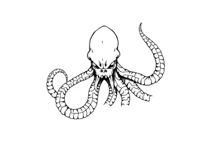 A minimalist blackwork tattoo design of an evil kraken The kraken is viewed from a 45-degree angle facing left, with its head centered. tattoo idea