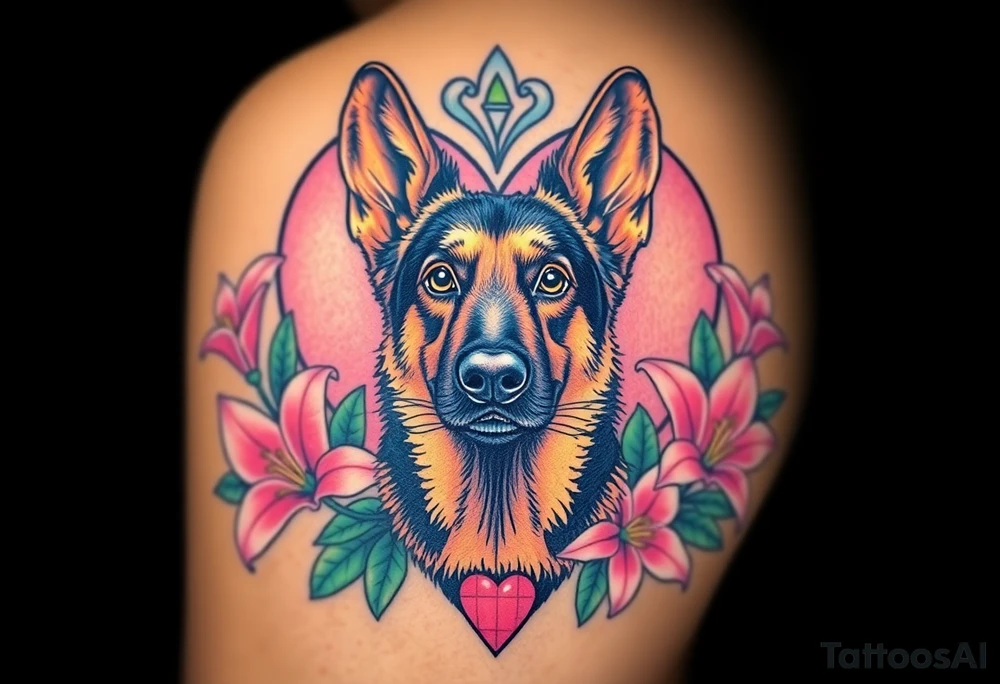 realistic german shepherd with alert ears looking protective surrounded by pink lilies with leaves in front of a sacred heart tattoo idea