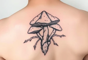 teschio con radici di funghi tattoo idea