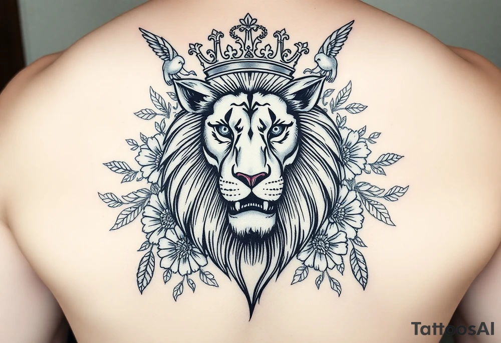 powerful majestic lion with a crown, surrounded by floral ornaments and birds tattoo idea