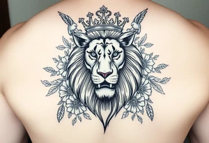 powerful majestic lion with a crown, surrounded by floral ornaments and birds tattoo idea