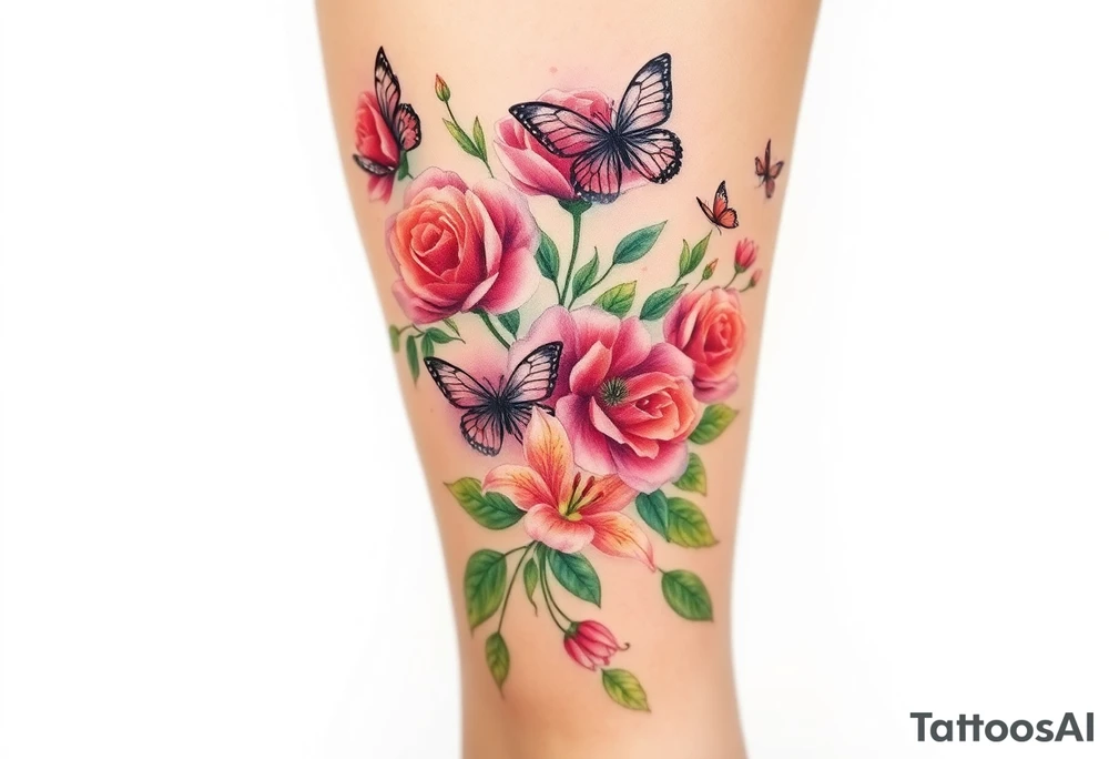 Realistic roses tulips and lilies 
and leaves and butterflies with embellishments that goes down and wraps around the leg tattoo idea