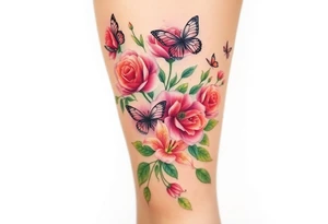 Realistic roses tulips and lilies 
and leaves and butterflies with embellishments that goes down and wraps around the leg tattoo idea
