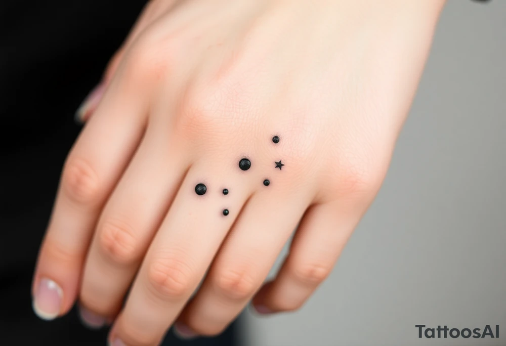 Can you design a few options for a meaningful minimal tattoo with dots, lines or stars that represents my kids? Three are living and two are deceased and I want something that represents that difference by having solid and hollow elements. Put on fingers tattoo idea