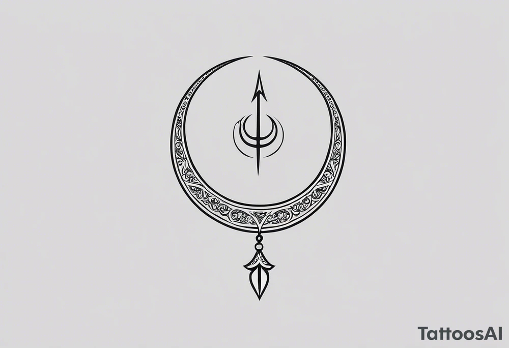 Minimalist Crescent Moon with Trishul: A delicate crescent moon with a fine-line trident integrated into the curve of the moon. The trident can be small and simple, sitting just below or to the side of the crescent moon.

Crescent Moon with Trishul Inside: A small crescent moon with a tiny trident embedded inside the curve. This could be done in a single line or with light shading to keep the design clean and minimal.

Crescent Moon and Trishul as a Single Line: The crescent moon and trident could be designed as a single, flowing line, where the trident’s three prongs are subtly incorporated into the crescent's edge.

Trishul Overlay on Crescent Moon: A crescent moon with a small trident overlaid or intersecting through it. This design would have the trident positioned vertically through the moon or slightly off-center tattoo idea