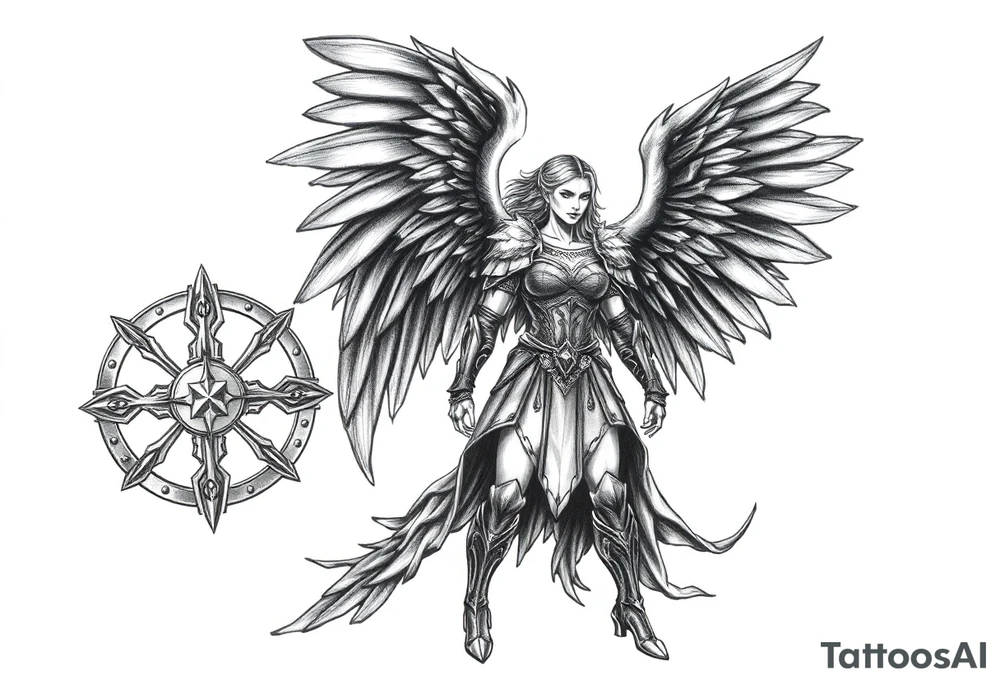 A fierce looking Valkyrie with very big dark wings. The whole body with legs should be visible.
She has armor.

In the background there is a viking shield on the left side and a vegvisir symbol on the right tattoo idea