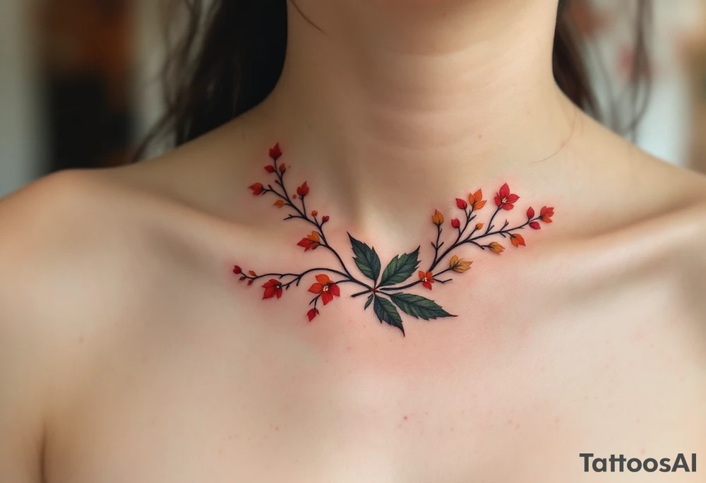 Two separate collarbone tattoos of long, stems and branches covered with red, orange, yellow and dark forest green leaves and flowers, academia, witchy, muted, delicate and gentle but moody, long and thin, following the collarbone. More muted, not so bright, darker colors. Fewer amount of leaves, larger leaves tattoo idea