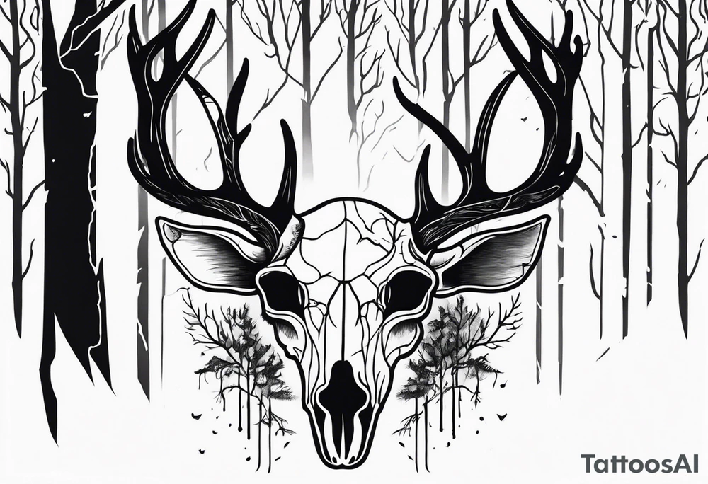 Scary side profile of a DECAYING deer skull JUST BONE surrounded by a flames and trees in background tattoo idea