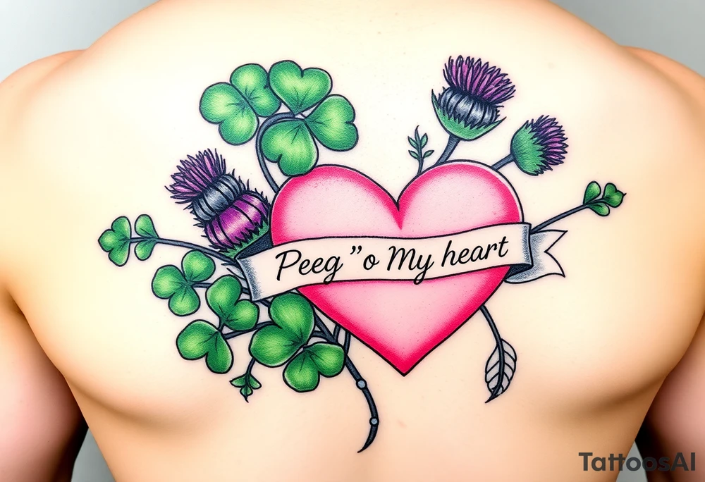 Bunch of Green shamrocks & a few purple thistles with a big pink heart and a banner across the heart that says " Peg 'o My Heart" tattoo idea