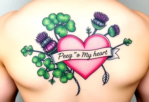 Bunch of Green shamrocks & a few purple thistles with a big pink heart and a banner across the heart that says " Peg 'o My Heart" tattoo idea