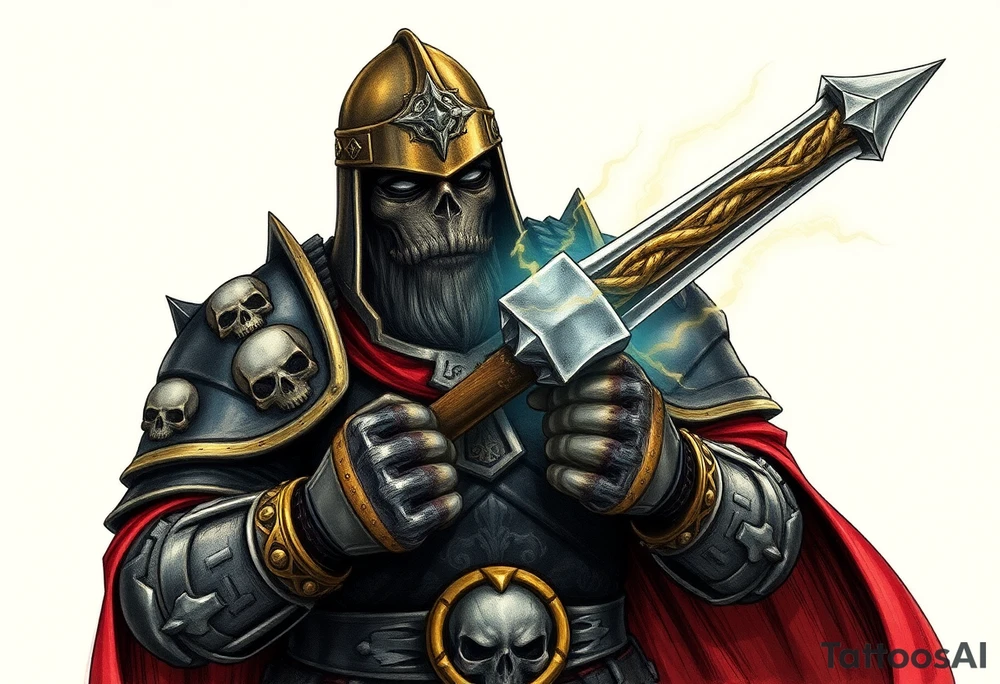 Warhammer, the Old World. A warrior priest of Sigmar holding "The Warhammer of Sigmar" or known as Ghal Maraz. The Warhammer of Sigmar is radiating thunderous energy. The warhammer is held by the warrior priest with both gripping hands at the shaft, upon his chest level. The Warrior priest is wearing dark alloyed heavy armour (reference armor from warhammer vermintide 2 Victor Saltzpyres, the warrior priest of Sigmar class) with skull sigils on his shoulder pads. The warrior priest is wearing a helmet, while the helmets front visor has an humanoid metal face covering. The helmet and armour are gladened with hints of gold and crimson red. The Warhammer is silverish and golden with a long shaft with twisted carvings. tattoo idea