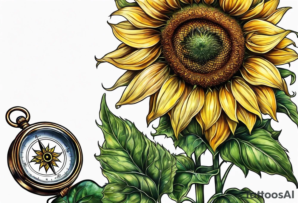 Sunflower next to a compass tattoo idea
