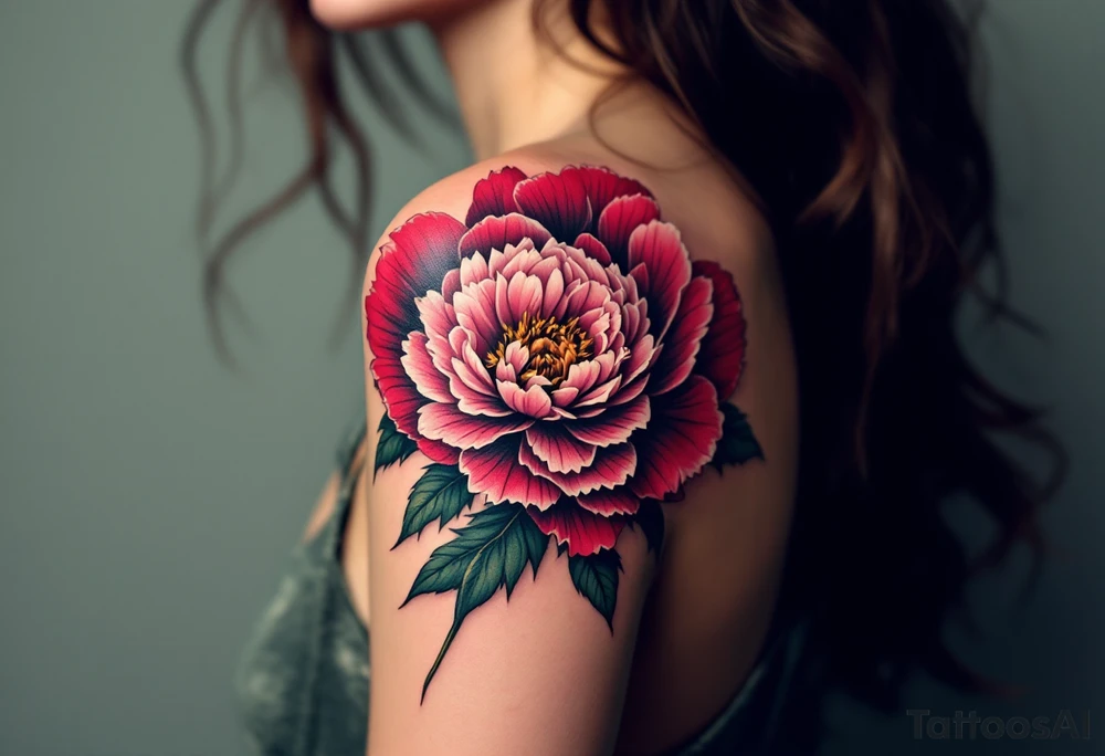 ChatGPT řekl:
A vibrant peony tattoo featuring lush, layered petals in deep crimson and soft blush pink, with dark green leaves edged in black for bold contrast and subtle white highlights to add depth and realism. tattoo idea