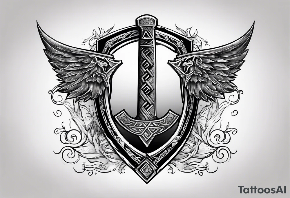 Valhalla  sword shield axe Valknut fog tattoo idea
