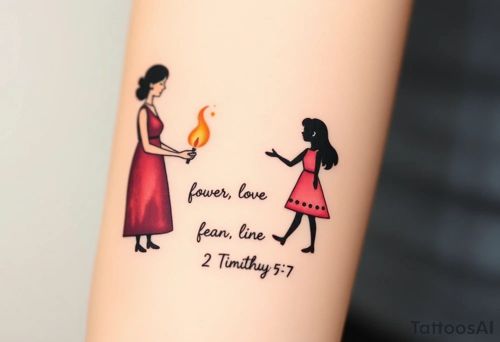Silhouette of grandmother, mother and daughter passing a flame from oldest to youngest with the flame growing as it goes. Make the flame in watercolor motif and the silhouettes simple. Incorporate the words power, love and sound mind. Or 2 Timothy: 5-7 tattoo idea