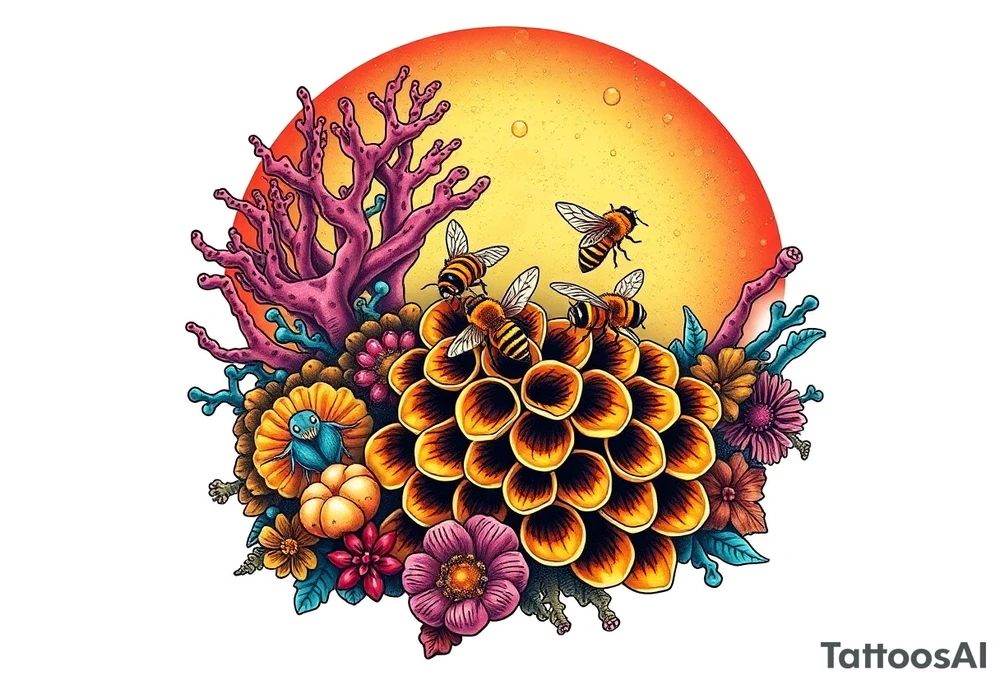 Coral reef scene with honey bees swimming on honey comb tattoo idea