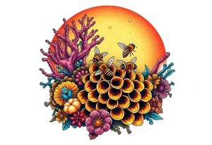 Coral reef scene with honey bees swimming on honey comb tattoo idea
