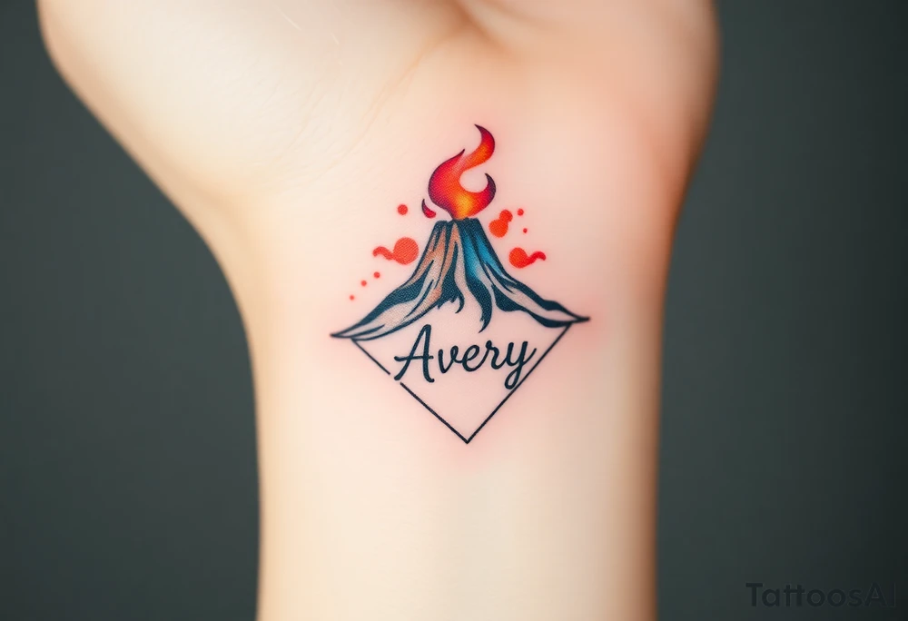 Female Geometric Volcano tattoo erupting in a heart with text Avery tattoo idea