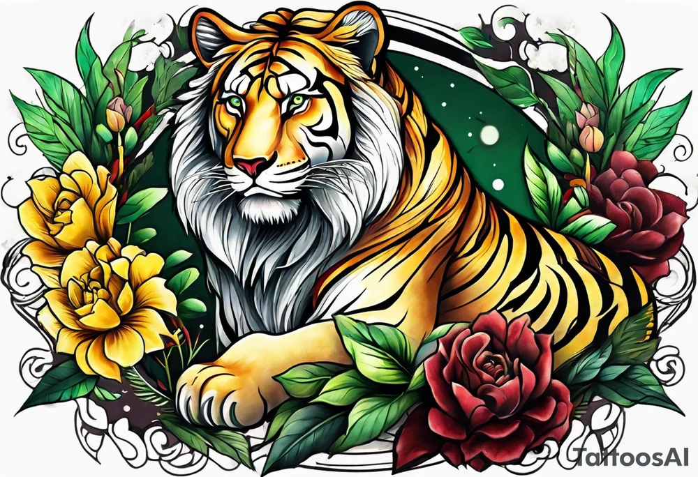 Lion and tiger with colors green, yellow, maroon and black tattoo idea