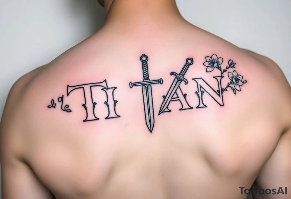 Name ‘Titan’ with birthday, Greek mythology inspired font with mini swords the T in Titan is a sword with cherry blossoms flowers in the background of the tattoo tattoo idea