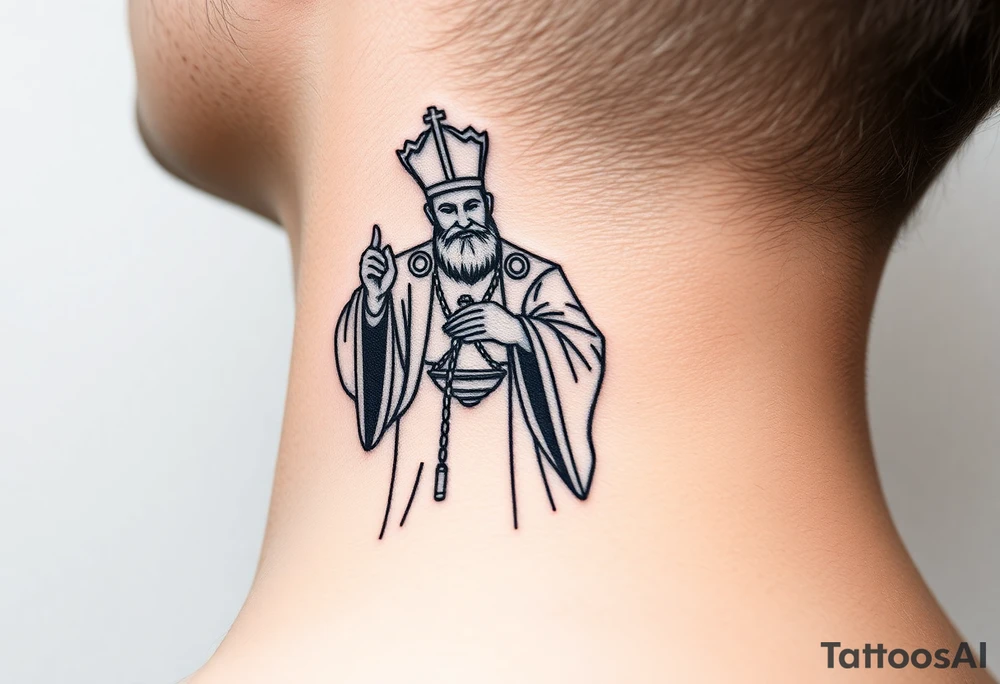 Russian orthodox priest in a detailed vestment swinging censer chains tattoo idea