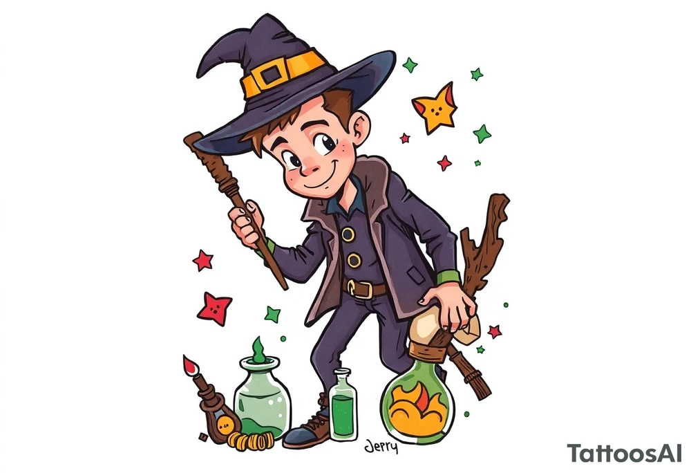 Handsome young adult guy is  accidentally stumbled upon witch tools, supplies, artifacts, potions tattoo idea