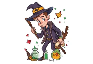 Handsome young adult guy is  accidentally stumbled upon witch tools, supplies, artifacts, potions tattoo idea