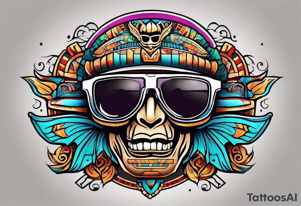 Colorful Mayan hieroglyph wearing sunglasses with bats and water tattoo idea