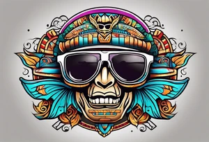Colorful Mayan hieroglyph wearing sunglasses with bats and water tattoo idea