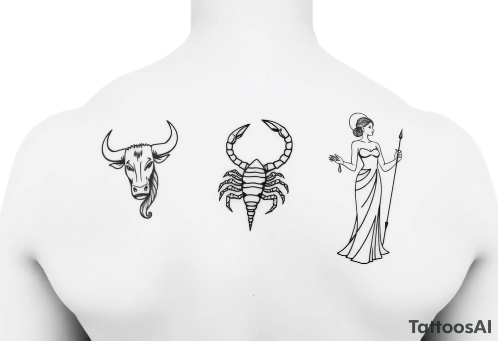 Minimalist tattoo design, featuring three distinct figures: a powerful bull, a stylized scorpion, and a graceful maiden (Virgo), fine line art style, black ink, white background, clean contours, no shading, elegant composition, sophisticated masculine aesthetic, high contrast tattoo idea