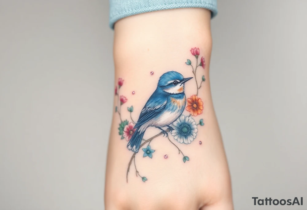 Puffy bluebird surrounded by wild flowers tattoo idea