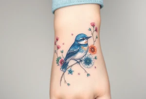 Puffy bluebird surrounded by wild flowers tattoo idea