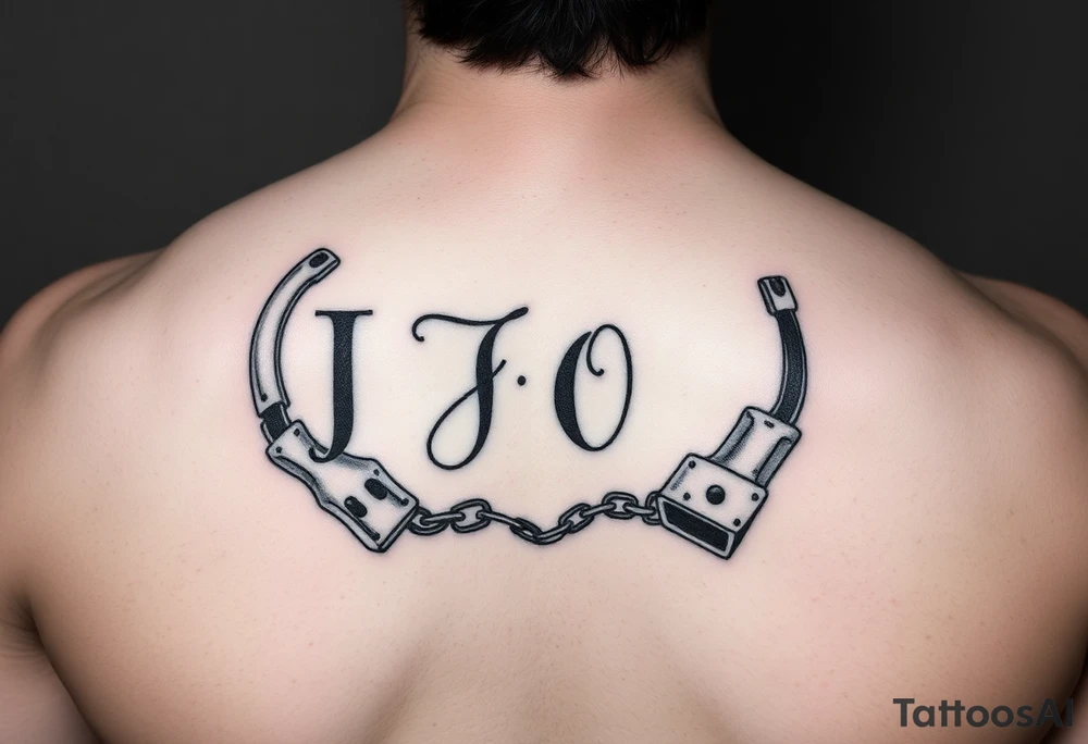 J O initials made from handcuffs tattoo idea
