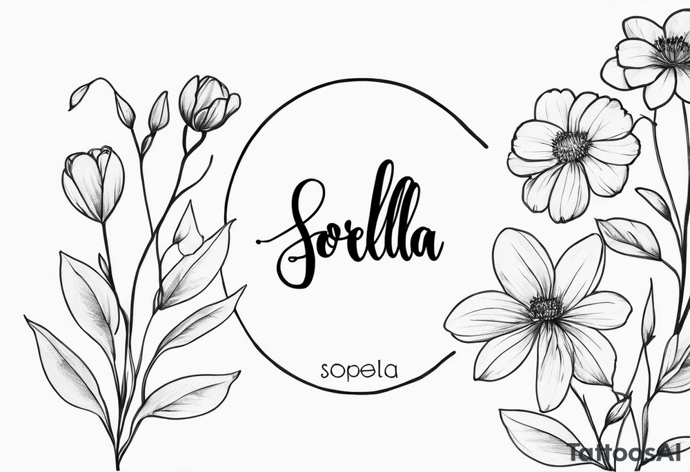 sister tattoo with october and september birth flowers with the word sorella a straight line cursive font connecting the word to the stems of the flowers small tattoo idea