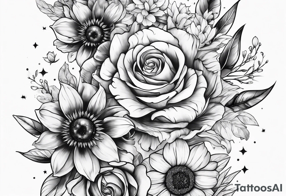 solar system with flowers spine tattoo idea