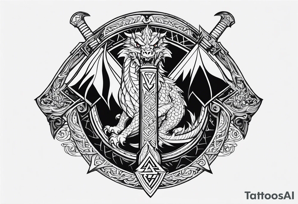 Valhalla sword shield dragon axe Valknut tattoo idea