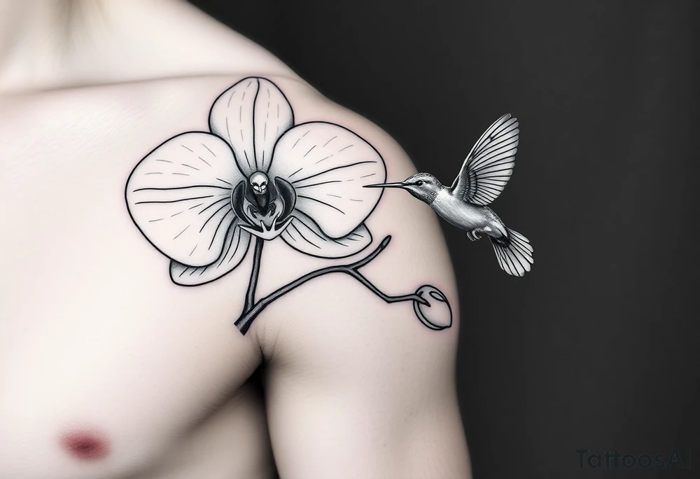 A delicate, black and white fine-line tattoo for male, featuring gracefully detailed 2 orchids in full bloom including their stems, with soft, intricate petals and elegant curves. Beside it, a hummingbird hovers mid-flight, its wings drawn with subtle motion lines, its slender beak reaching toward the orchid’s center to drink its nectar. on the other flower there is a bee that is resting tattoo idea