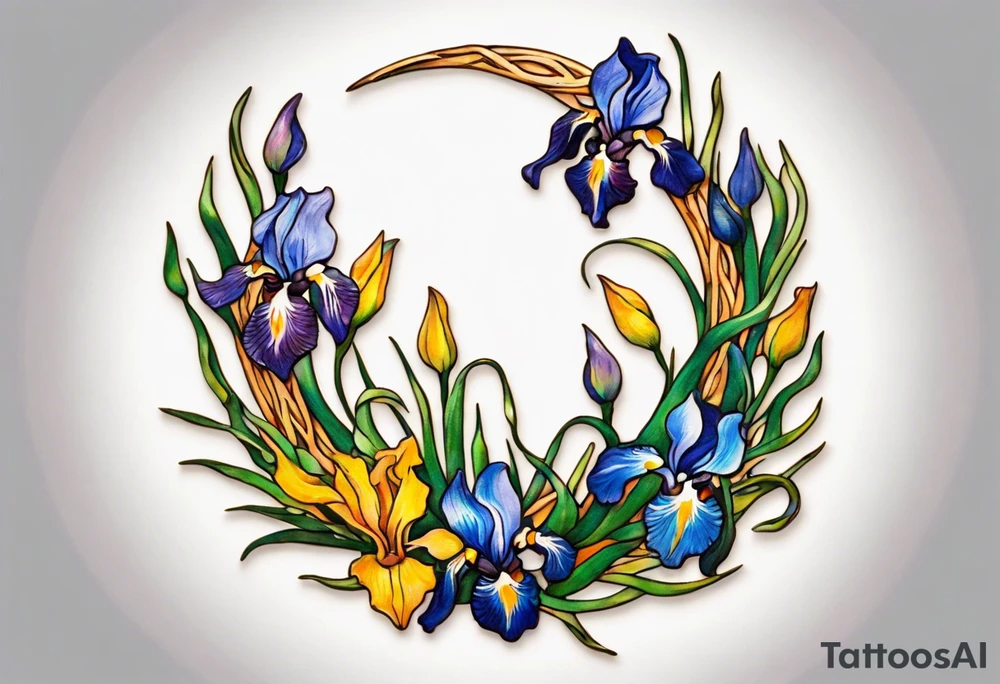 Create a small colorful Vincent van Gogh Irises tattoo in the form of a crescent, with vines gracefully intertwining at a central point in the middle of the wreath. The intended placement is on the upper chest. The overall design should be small in size while maintaining a delicate and artistic aesthetic. Pay attention to the graceful flow of the vines and the placement of the irises to achieve a refined and elegant look. tattoo idea
