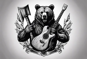 Vertically split half teddy bear and half grizzly bear holding a wooden axe tattoo idea