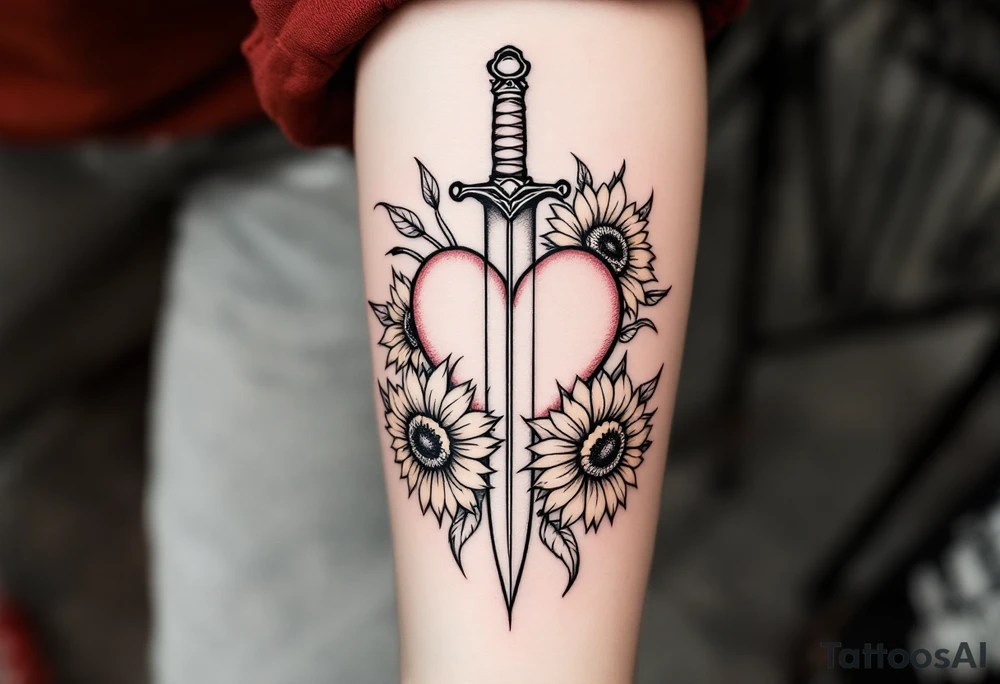 dagger piercing a heart with roses and sunflowers tattoo idea