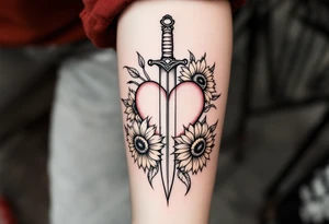 dagger piercing a heart with roses and sunflowers tattoo idea