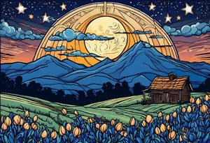 full moon with a lasso around it and stars in the background. Put the moon and stars over a field of bluebonnets tattoo idea