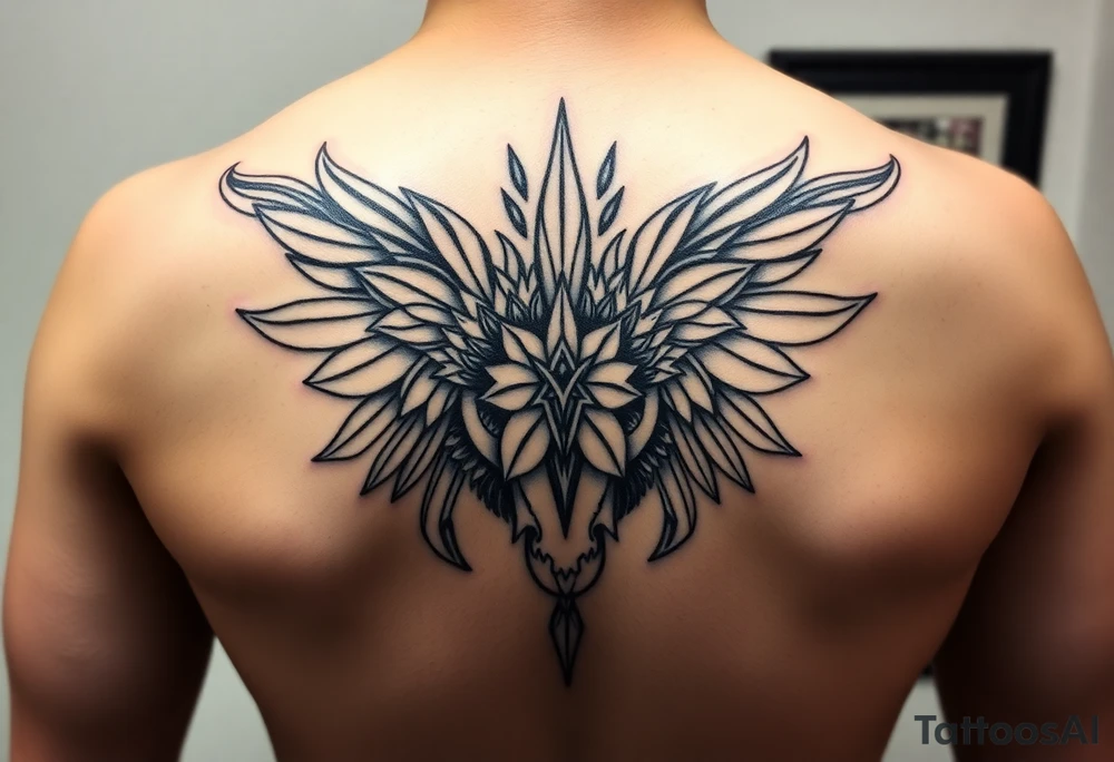 Can you help me design my next tattoo? I already have Polynesian-style tattoos covering left shoulder blade and second in the middle of back going along the spine up till my neck, and I’m looking for ideas to fill the white space between them. I haven’t been able to come up with anything that works.

I’d like the new elements to be in a different style than Polynesian, but still visually cohesive so they complement the existing tattoos rather than clash with them. tattoo idea