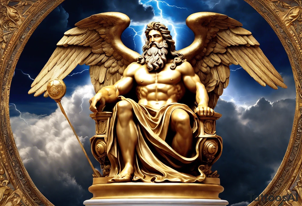 Zeus (Left Shoulder):

Zeus depicted in a seated position on a throne of clouds, holding a thunderbolt aloft in one hand.
The background could feature storm clouds with lightning bolts arcing across the sky.
Eagles, symbols of Zeus, soaring around him or perched on the throne's armrests.
Poseidon (Left Upper Arm):

Poseidon riding a chariot pulled by sea horses, with waves crashing around them.
Poseidon wielding his trident with a powerful stance, commanding the sea.
Dolphins and fish swimming through the waves, along with swirling patterns to represent the movement of water.
Hades (Left Forearm):

Hades seated on a dark throne in the underworld, surrounded by shadowy figures.
Flames flickering in the background, casting an eerie glow on Hades's features.
Ghostly apparitions and skeletal figures emerging from the darkness, representing souls in the underworld.
Transition and Unity:

Lightning bolts from Zeus's domain gradually transitioning into crashing waves representing Poseidon's domain.
Wisps of shadow and mist creeping in from the underworld, blending seamlessly into the darkness surrounding Hades. tattoo idea